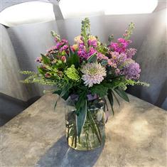Lilac and magenta garden jar arrangement